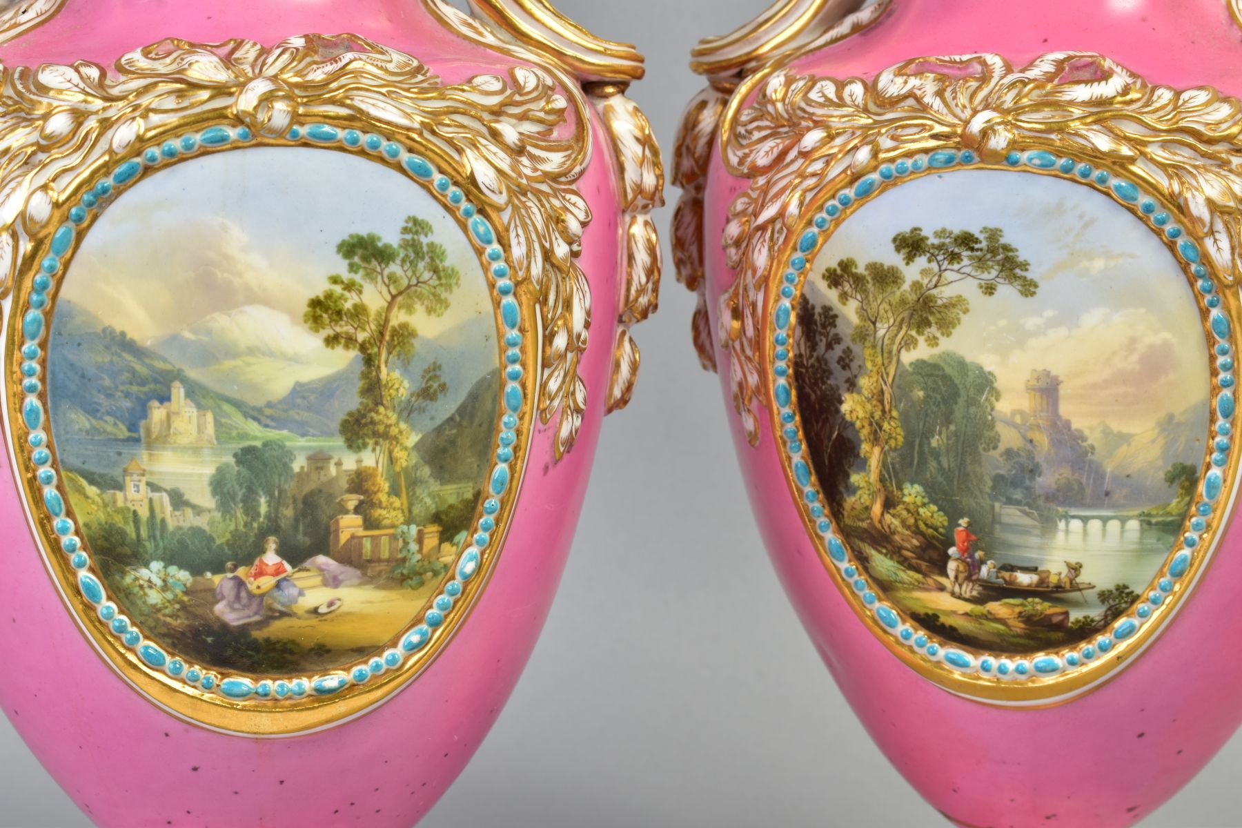 A PAIR OF VICTORIAN PORCELAIN TWIN HANDLED BALUSTER VASES, oval necks with foliate moulded - Image 6 of 9