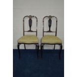 A PAIR OF EDWARDIAN MAHOGANY AND FOLIATE BRASS/IVORY INLAID SPLAT BACK CHAIRS with cabriole front