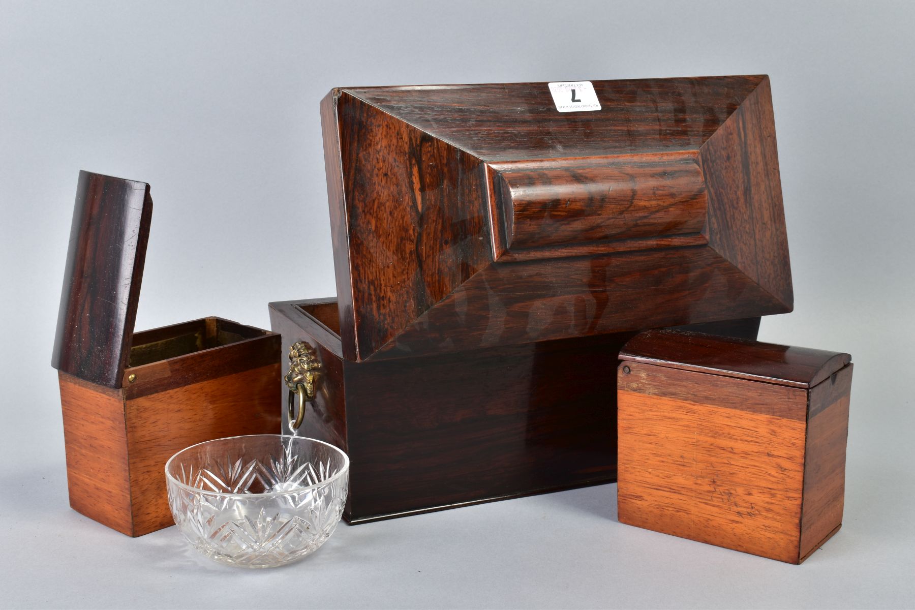 AN EARLY VICTORIAN ROSEWOOD TEA CADDY, of sarcophagus form, gilt metal lion mask and ring side - Image 5 of 5