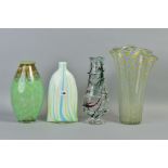 FOUR MID TO LATE 20TH CENTURY COLOURED GLASS VASES, comprising a mottled green baluster vase,