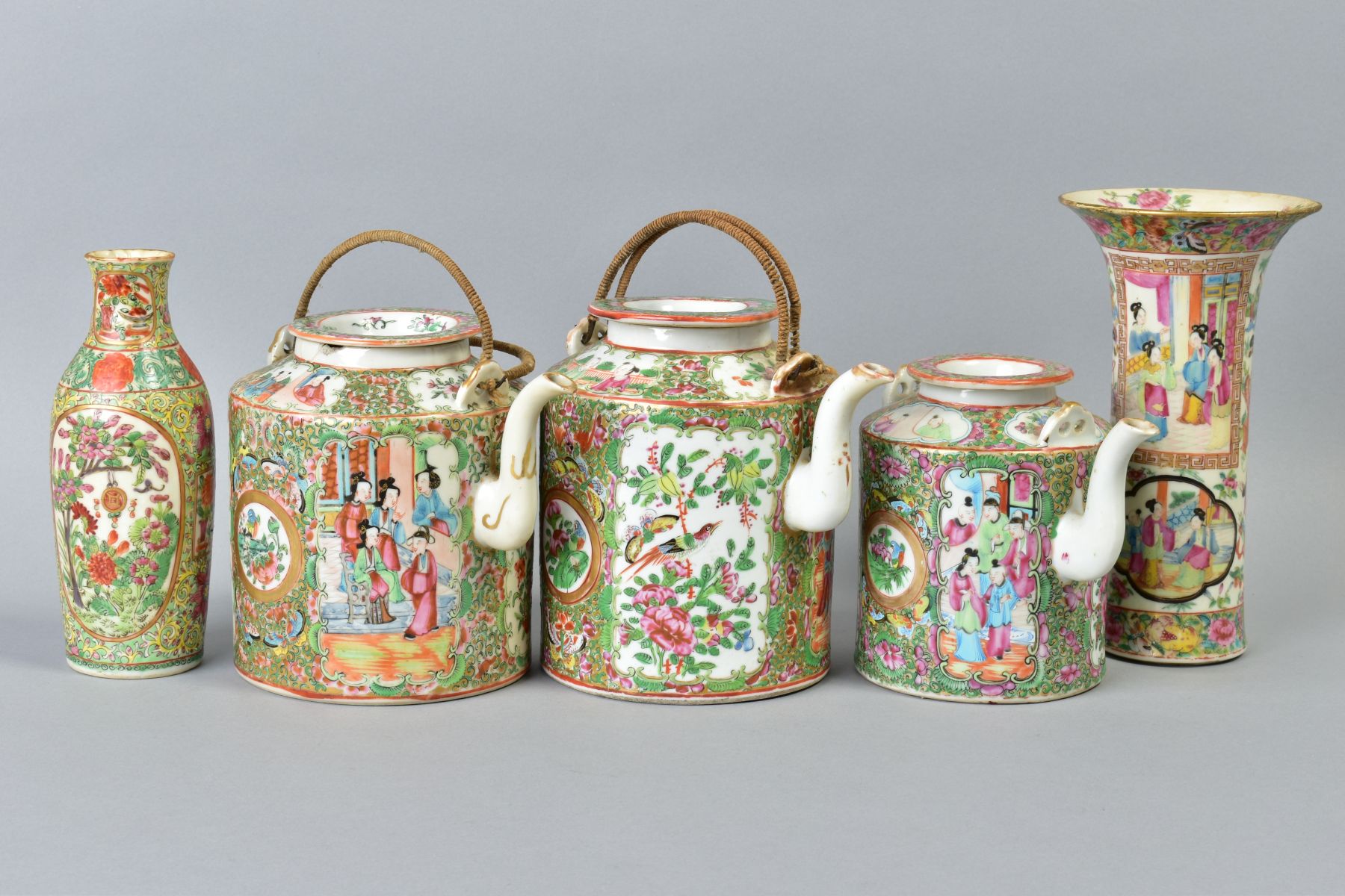 THREE 19TH CENTURY CHINESE CANTON FAMILLE ROSE TEAPOTS AND COVERS, two with wicker handles (s.d.), - Image 4 of 9