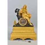 A 19TH CENTURY ORMOLU AND PATINATED MANTEL CLOCK, the case surmounted by a gentleman writer in