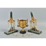 A PAIR OF LATE 19TH CENTURY BRONZE CANDLESTICKS, each with a gilt nozzle and drip tray hung with cut