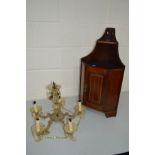 AN EDWARDIAN MAHOGANY AND INLAID HANGING CORNER CUPBOARD together with a distressed hanging