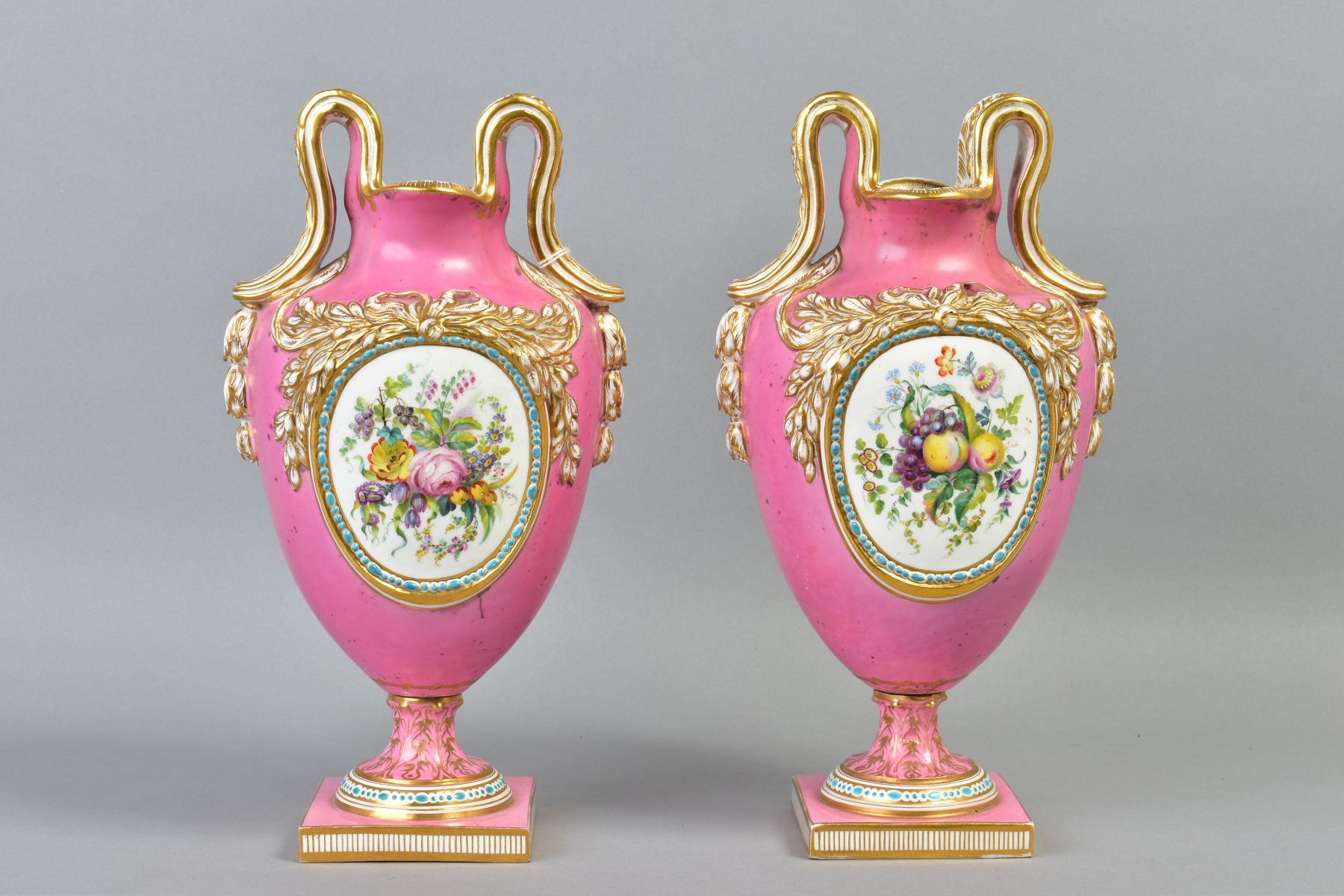 A PAIR OF VICTORIAN PORCELAIN TWIN HANDLED BALUSTER VASES, oval necks with foliate moulded - Image 3 of 9