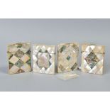 FOUR VICTORIAN MOTHER OF PEARL AND ABALONE SHELL CARD CASES, all with a variety of lozenge