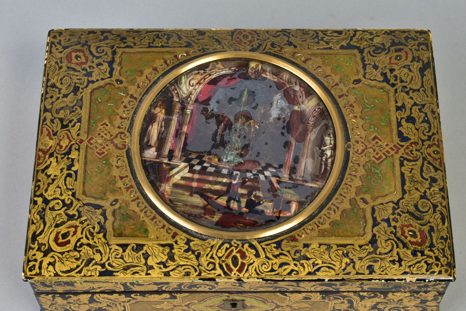 A VICTORIAN PAPIER-MACHE BOX BY CLAY, decorated throughout with gilt foliage, the hinged lid inset - Image 2 of 7