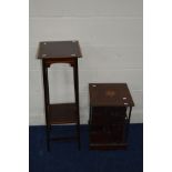 AN EDWARDIAN MAHOGANY, FLORAL MARQUETRY INLAID SQUARE REVOLVING TABLE TOP BOOKCASE, two tiers and