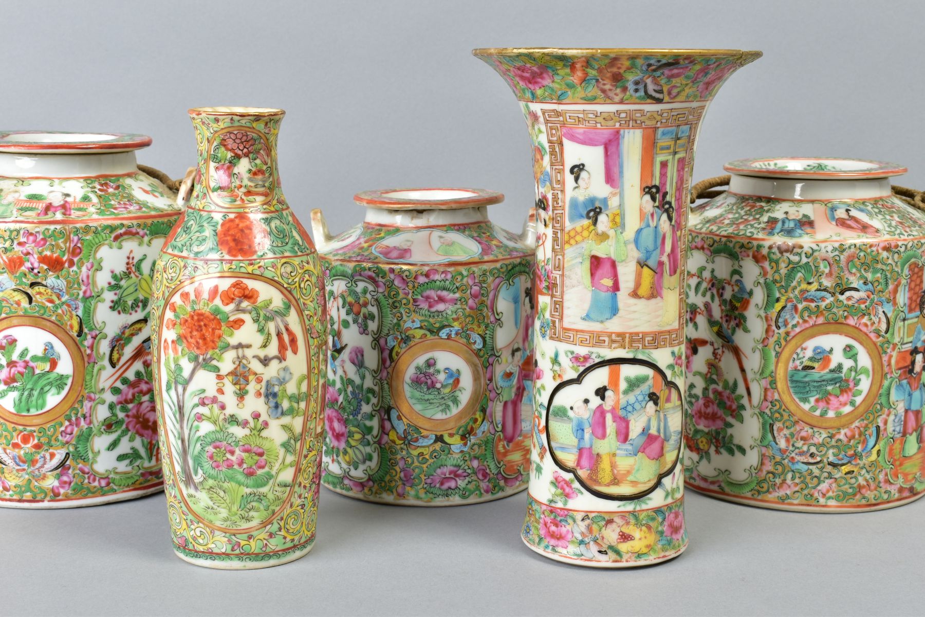 THREE 19TH CENTURY CHINESE CANTON FAMILLE ROSE TEAPOTS AND COVERS, two with wicker handles (s.d.), - Image 8 of 9
