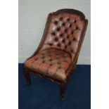 AN EARLY VICTORIAN CARVED MAHOGANY CHAIR, by Johnstone & Jeanes, with brass studded and red buttoned