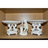 A PAIR OF LATE VICTORIAN WHITE GLAZED OVAL COMPORTS, pierced bowls on pedestals formed of two