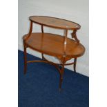 AN EARLY 20TH CENTURY OVAL SATINWOOD AND MAHOGANY BANDED SHERATON REVIVAL TWO TIER ETAGERE, the