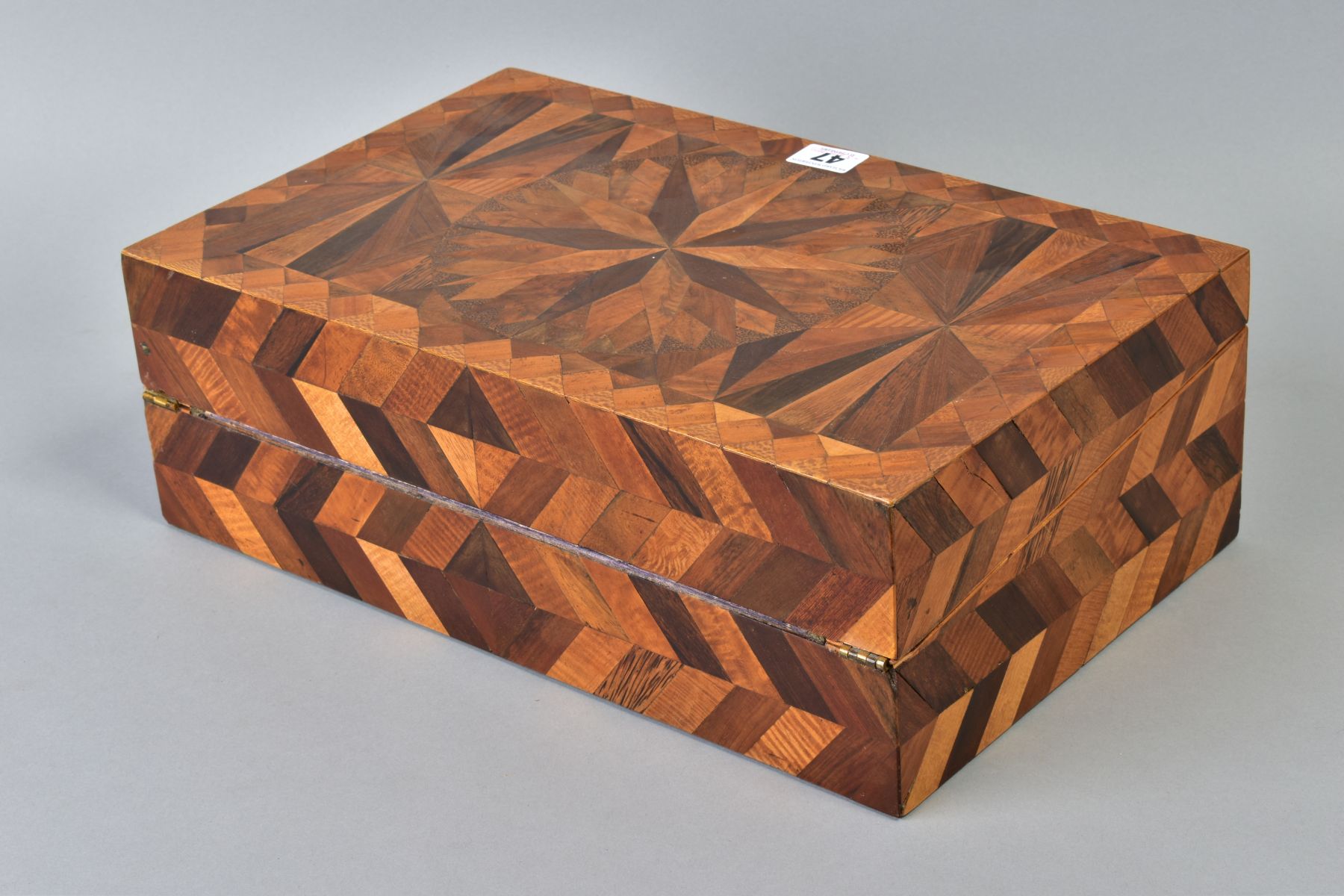 A VICTORIAN PARQUETRY WRITING SLOPE, herringbone and star designs, hinged lid to fitted interior, - Image 6 of 6