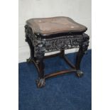 A LATE 19TH CENTURY CHINESE HARDWOOD SQUARE LOW STAND with a veined marble panel above a carved