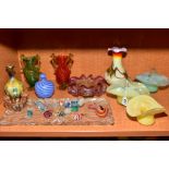 A GROUP OF MOSTLY 20TH CENTURY VENETIAN GLASSWARE, to include vases, bowls, baskets, glass sweets,