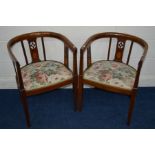 A PAIR OF EDWARDIAN MAHOGANY AND INLAID BOW BACK CARVER CHAIRS, splat back and sides, on square