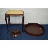 AN EDWARDIAN MAHOGANY AND INLAID STOOL on cabriole legs and fretwork sides together with an