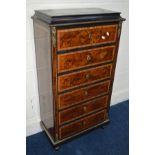 A TALL REPRODUCTION FRENCH EBONISED, AMBONYA AND ROSEWOOD BANDED FINISH CHEST OF SIX DRAWERS, with