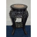 A CHINESE HARDWOOD CIRCULAR JARDINIERE STAND with a veined marble panel above a carved and pierced