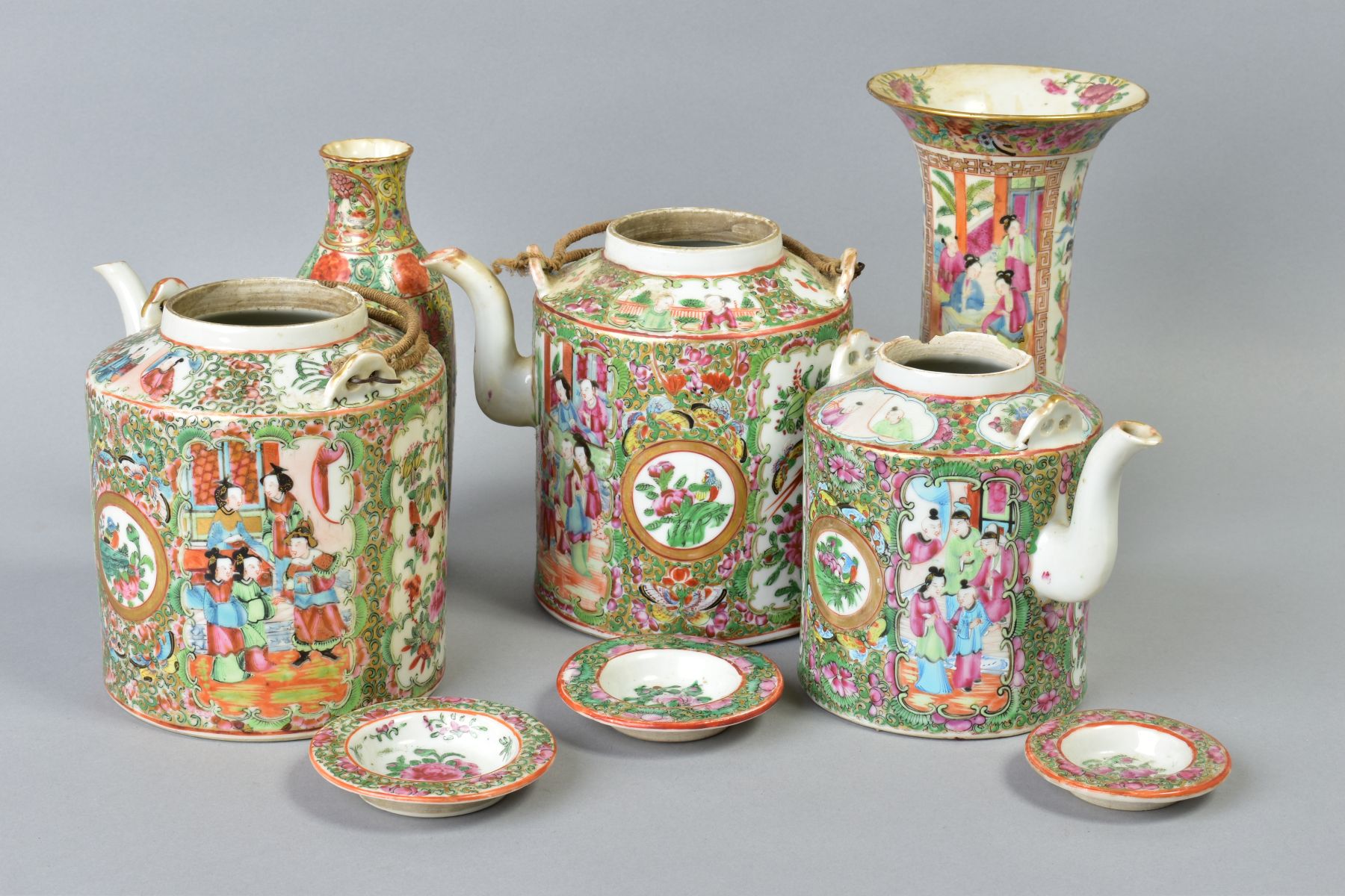 THREE 19TH CENTURY CHINESE CANTON FAMILLE ROSE TEAPOTS AND COVERS, two with wicker handles (s.d.), - Image 6 of 9