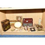 A GROUP OF COLLECTABLES, etc, including an Arts & Crafts style letter rack, a blown Ostrich egg, two