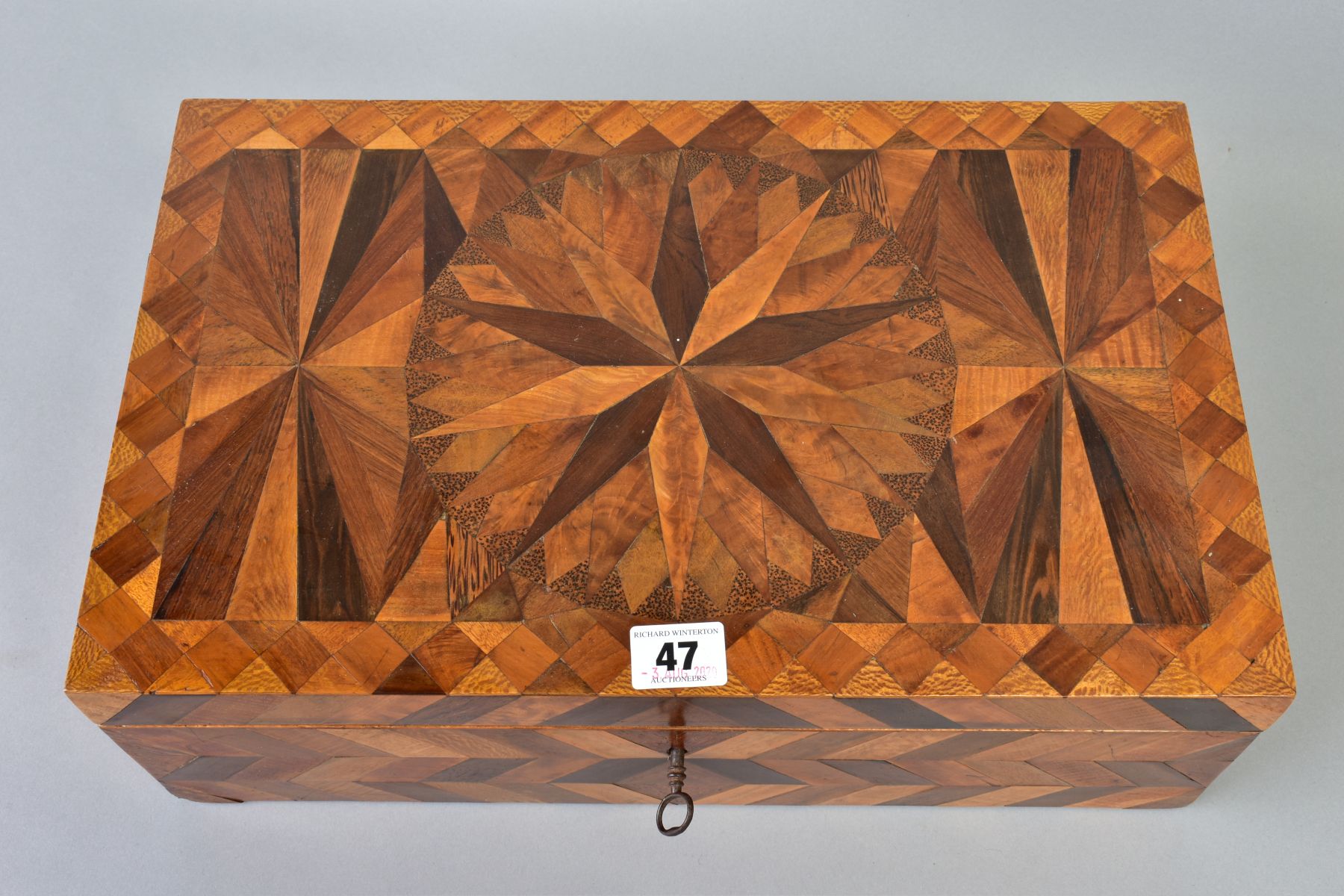A VICTORIAN PARQUETRY WRITING SLOPE, herringbone and star designs, hinged lid to fitted interior, - Image 2 of 6