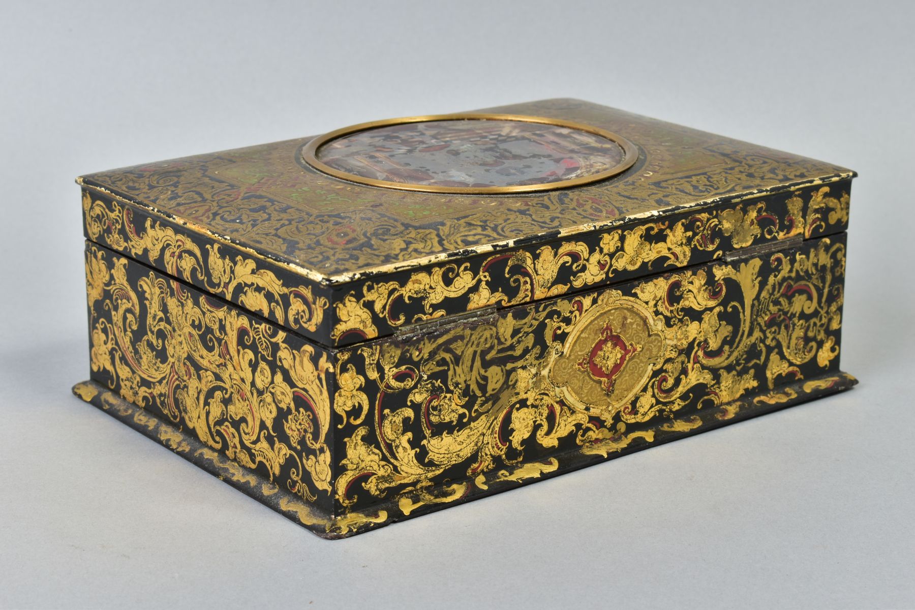 A VICTORIAN PAPIER-MACHE BOX BY CLAY, decorated throughout with gilt foliage, the hinged lid inset - Image 7 of 7