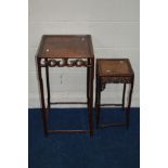 A CHINESE HARDWOOD SQUARE OCCASIONAL TABLE, with a scrolled frieze, diameter 40cm square x height