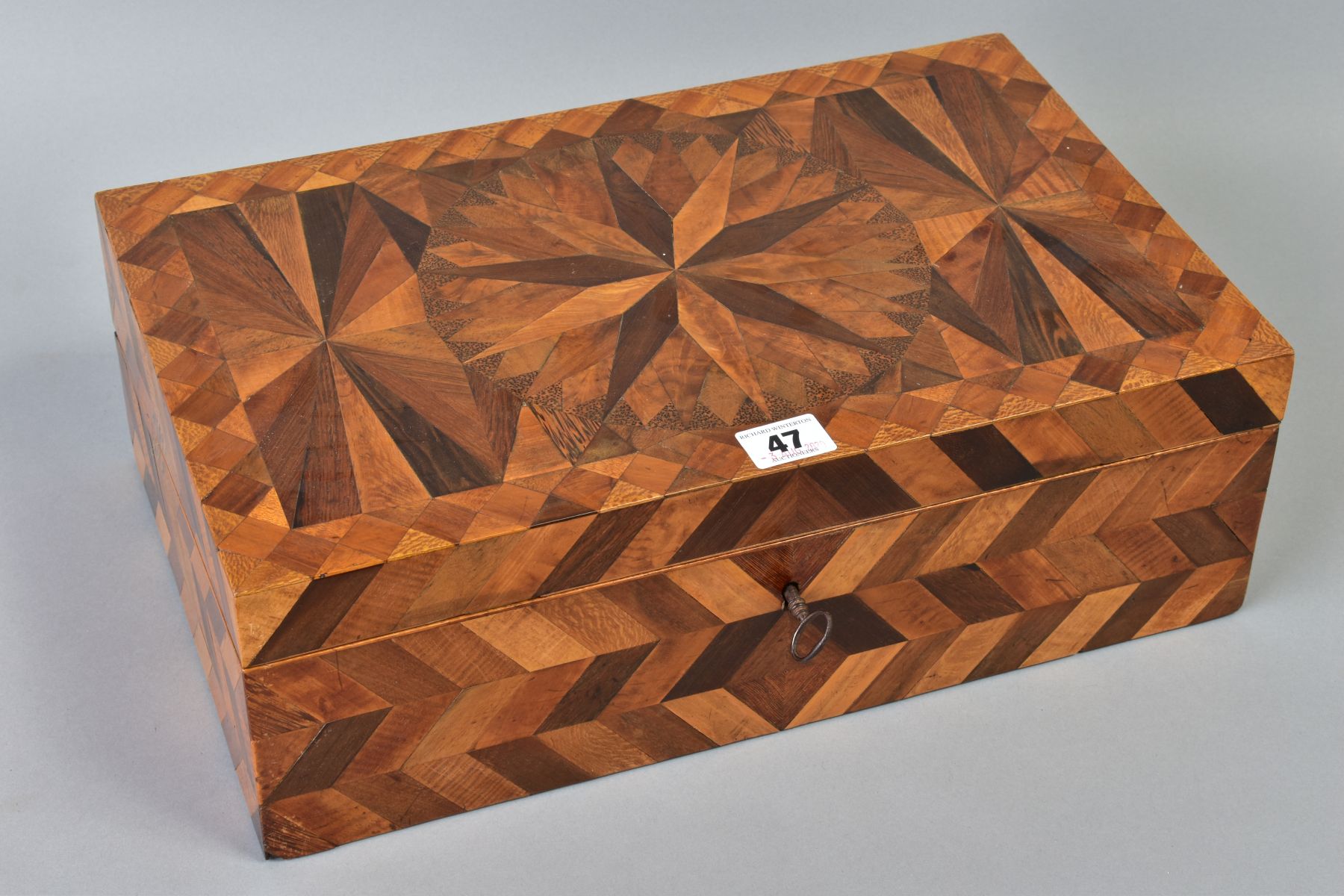 A VICTORIAN PARQUETRY WRITING SLOPE, herringbone and star designs, hinged lid to fitted interior,