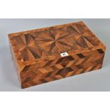 A VICTORIAN PARQUETRY WRITING SLOPE, herringbone and star designs, hinged lid to fitted interior,