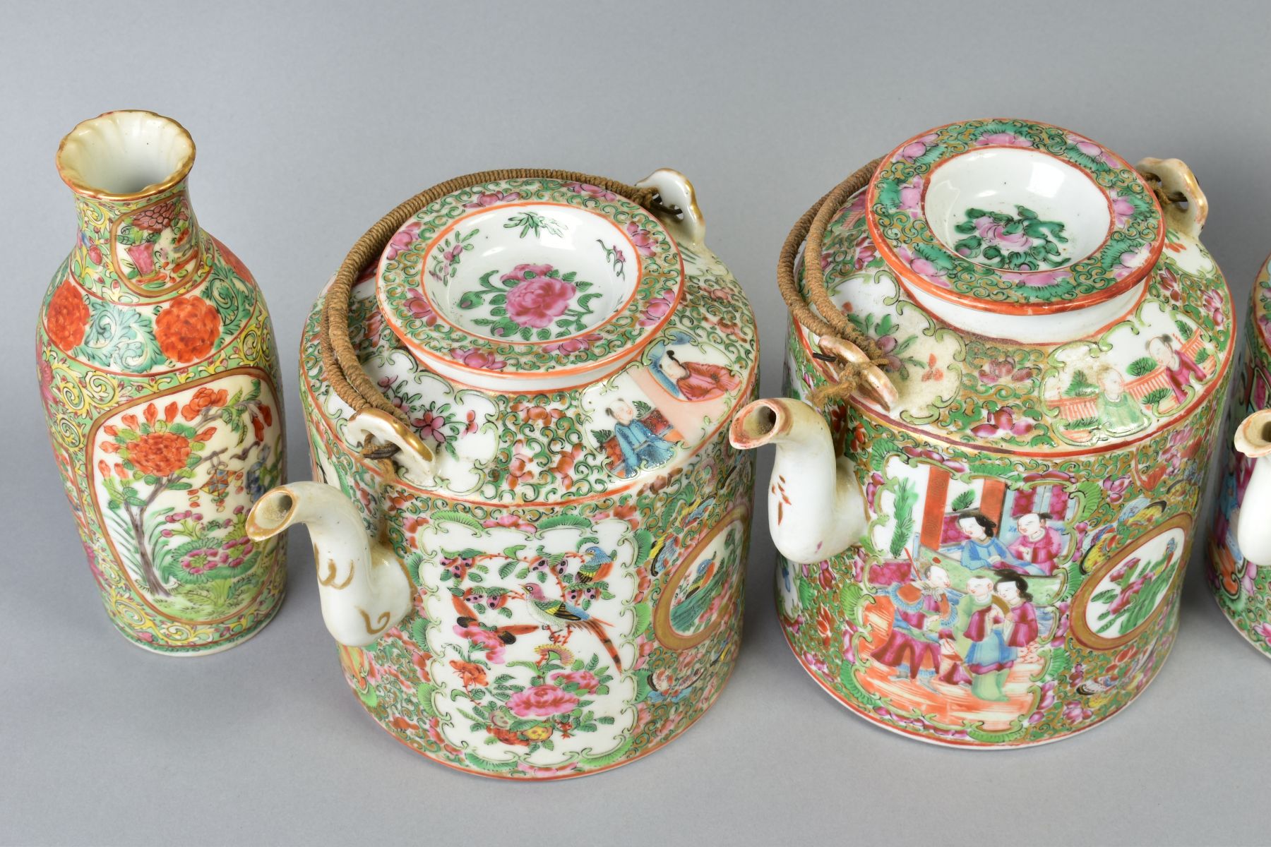 THREE 19TH CENTURY CHINESE CANTON FAMILLE ROSE TEAPOTS AND COVERS, two with wicker handles (s.d.), - Image 2 of 9