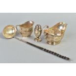 FOUR ITEMS OF SILVER, comprising Victorian pepperette of urn form, domed cover, loaded circular