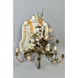 A 20TH CENTURY BRONZED BRASS AND PORCELAIN SIX BRANCH CHANDELIER, hanging loop above sprays of