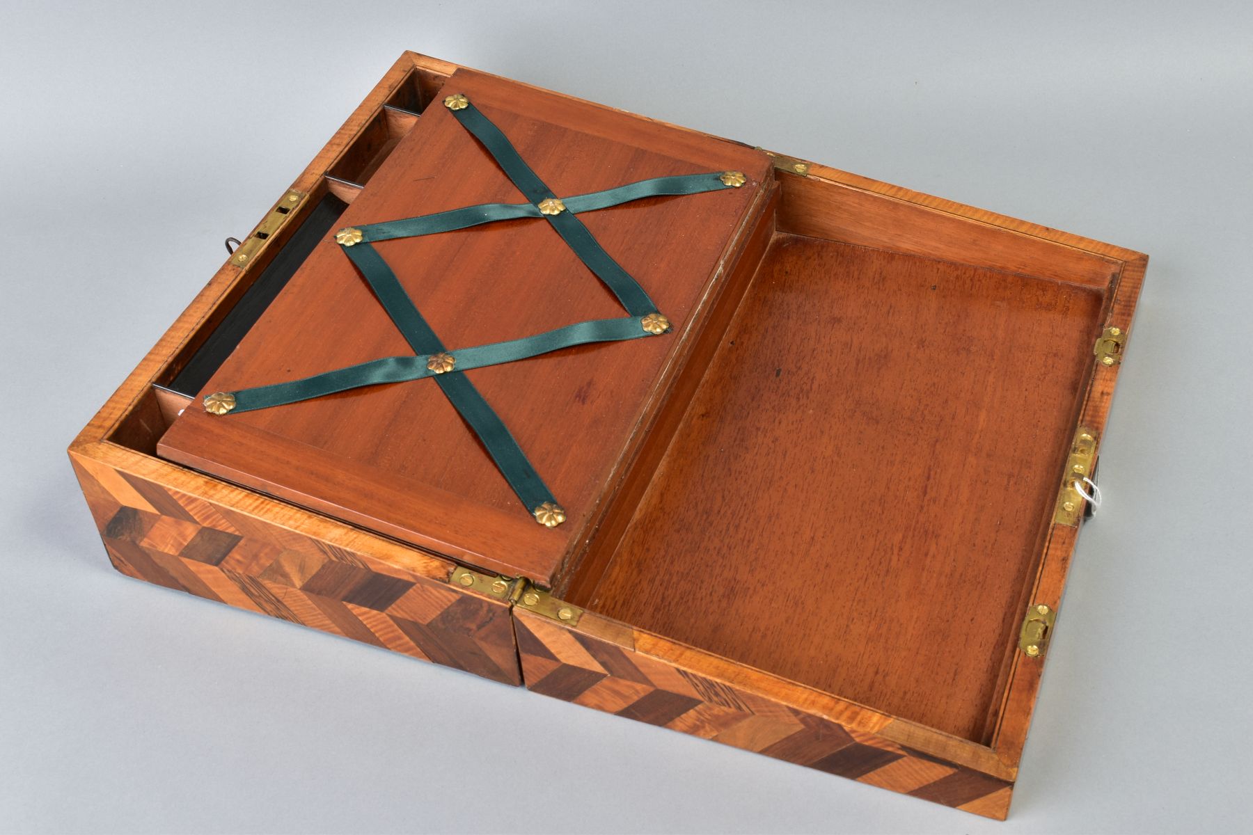 A VICTORIAN PARQUETRY WRITING SLOPE, herringbone and star designs, hinged lid to fitted interior, - Image 5 of 6