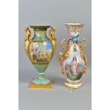 A VICTORIAN PORCELAIN TWIN HANDLED VASE, heavily restored, the baluster vase with green and gilt