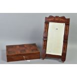 A 19TH CENTURY MAHOGANY AND PARQUETRY BOX, approximate width 37cm x depth 24cm x height 9cm (key)