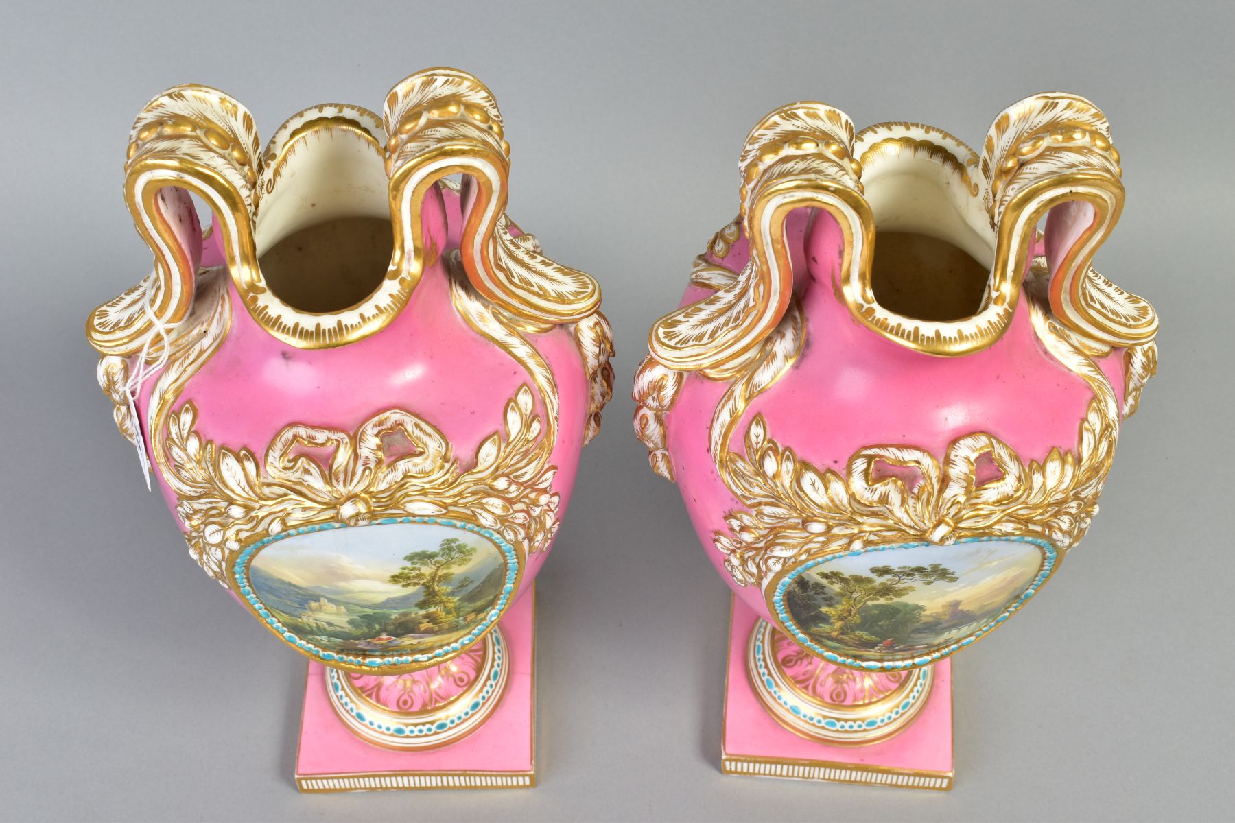 A PAIR OF VICTORIAN PORCELAIN TWIN HANDLED BALUSTER VASES, oval necks with foliate moulded - Image 5 of 9