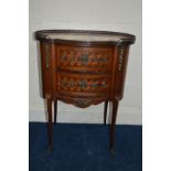 A 20TH CENTURY FRENCH STYLE KIDNEY SHAPED SIDE TABLE with two drawers, brass gallery and mounts