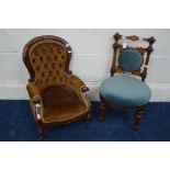 AN EDWARDIAN MAHOGANY AND FLORALLY INLAID CHILDS CHAIR with turquoise velour upholstery together