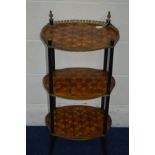 A 19TH CENTURY THREE TIER WHAT NOT, the top tier with a pair of brass finials and gallery to back