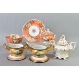 A PAIR OF DERBY TWIN HANDLED FOOTED BOWLS, circa 1800-1825, each having hand painted oval panels