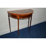 AN EARLY 19TH CENTURY SHERATON REVIVAL MAHOGANY AND SATINWOOD BANDED DEMILUNE PIER TABLE,