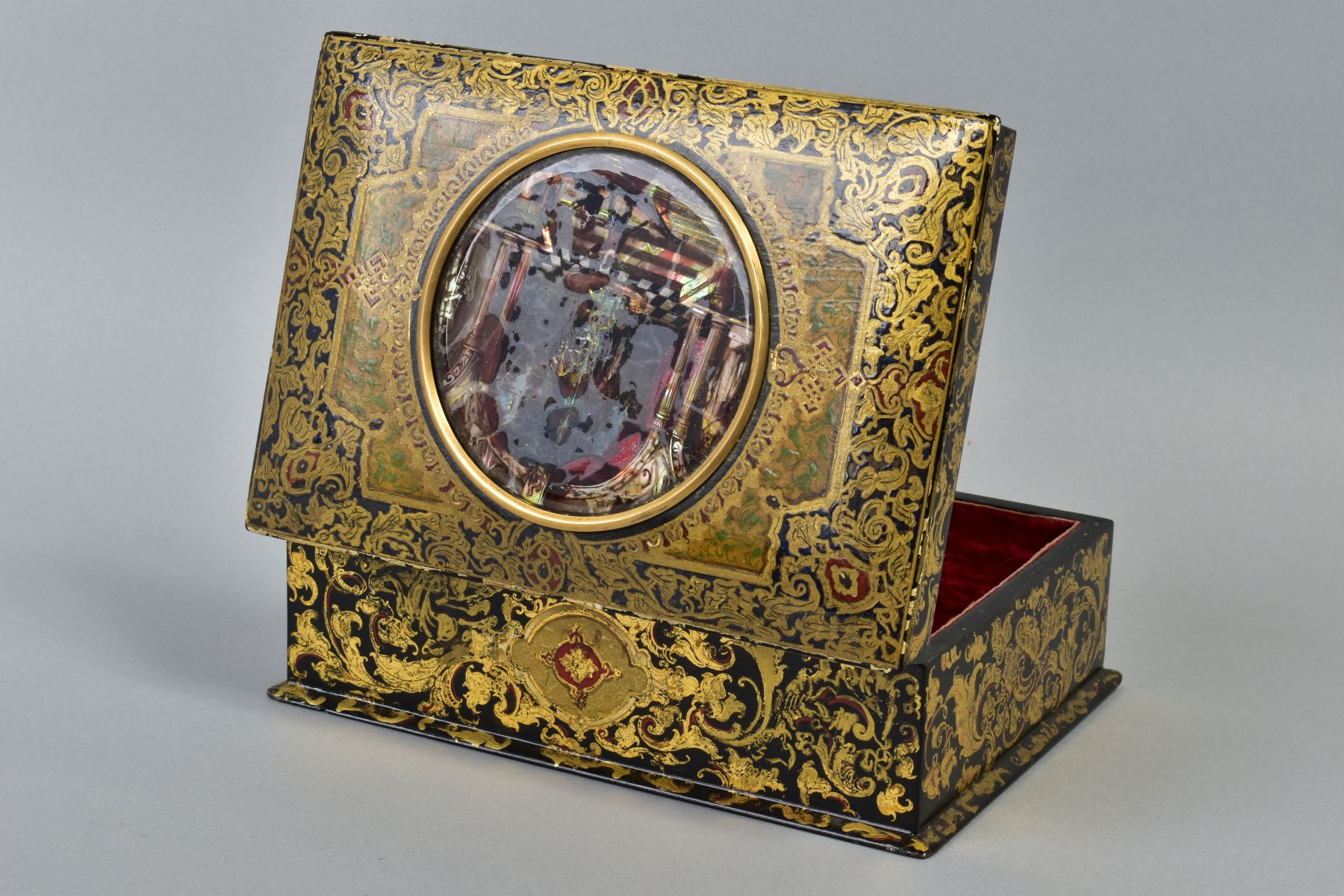 A VICTORIAN PAPIER-MACHE BOX BY CLAY, decorated throughout with gilt foliage, the hinged lid inset - Image 5 of 7