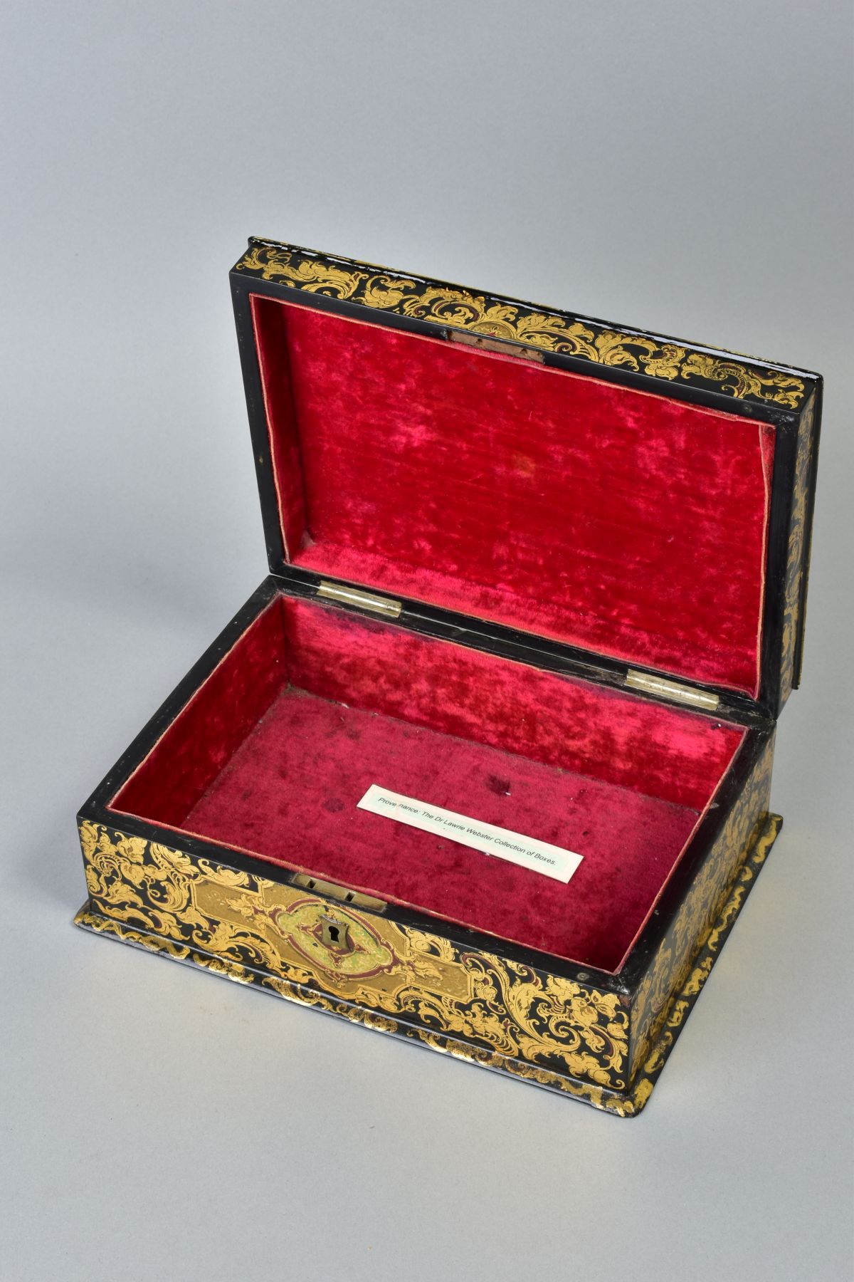 A VICTORIAN PAPIER-MACHE BOX BY CLAY, decorated throughout with gilt foliage, the hinged lid inset - Image 3 of 7