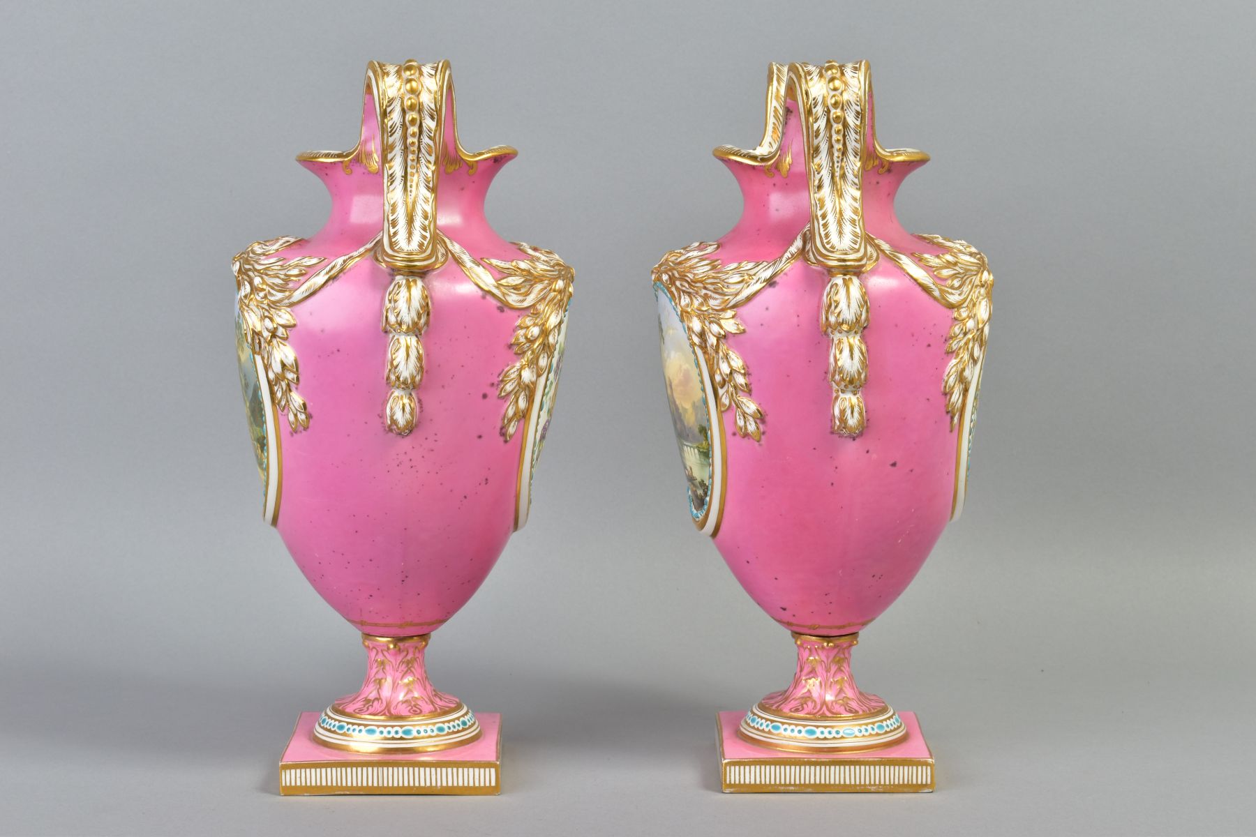 A PAIR OF VICTORIAN PORCELAIN TWIN HANDLED BALUSTER VASES, oval necks with foliate moulded - Image 4 of 9