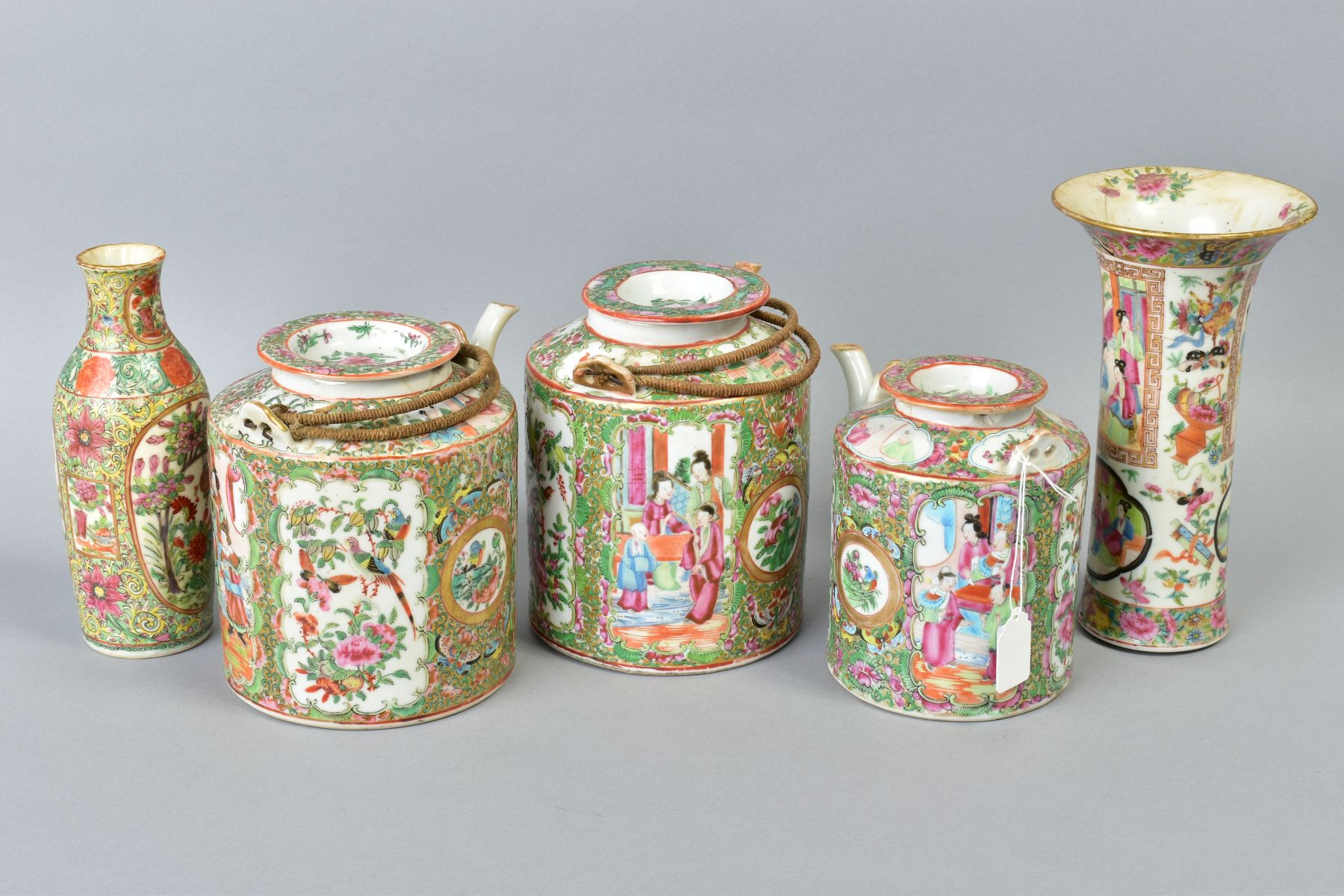 THREE 19TH CENTURY CHINESE CANTON FAMILLE ROSE TEAPOTS AND COVERS, two with wicker handles (s.d.), - Image 5 of 9