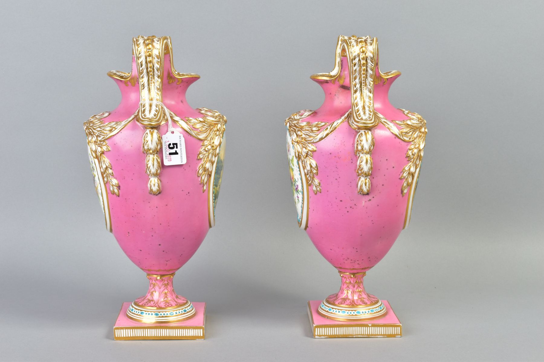 A PAIR OF VICTORIAN PORCELAIN TWIN HANDLED BALUSTER VASES, oval necks with foliate moulded - Image 2 of 9