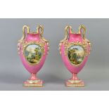 A PAIR OF VICTORIAN PORCELAIN TWIN HANDLED BALUSTER VASES, oval necks with foliate moulded