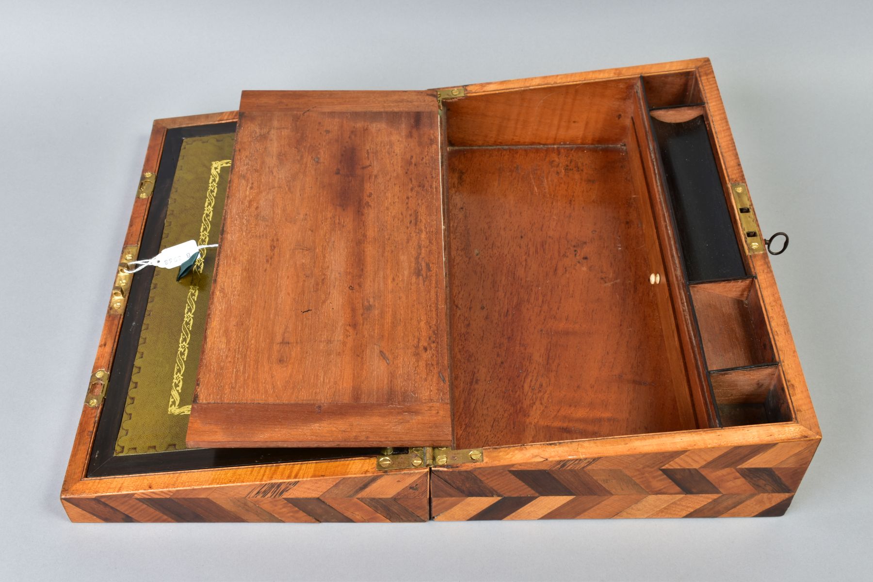 A VICTORIAN PARQUETRY WRITING SLOPE, herringbone and star designs, hinged lid to fitted interior, - Image 4 of 6
