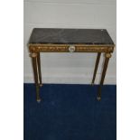 A GILT WOOD RECTANGULAR CONSOLE TABLE with a black veined marble panel, raised foliate decorated